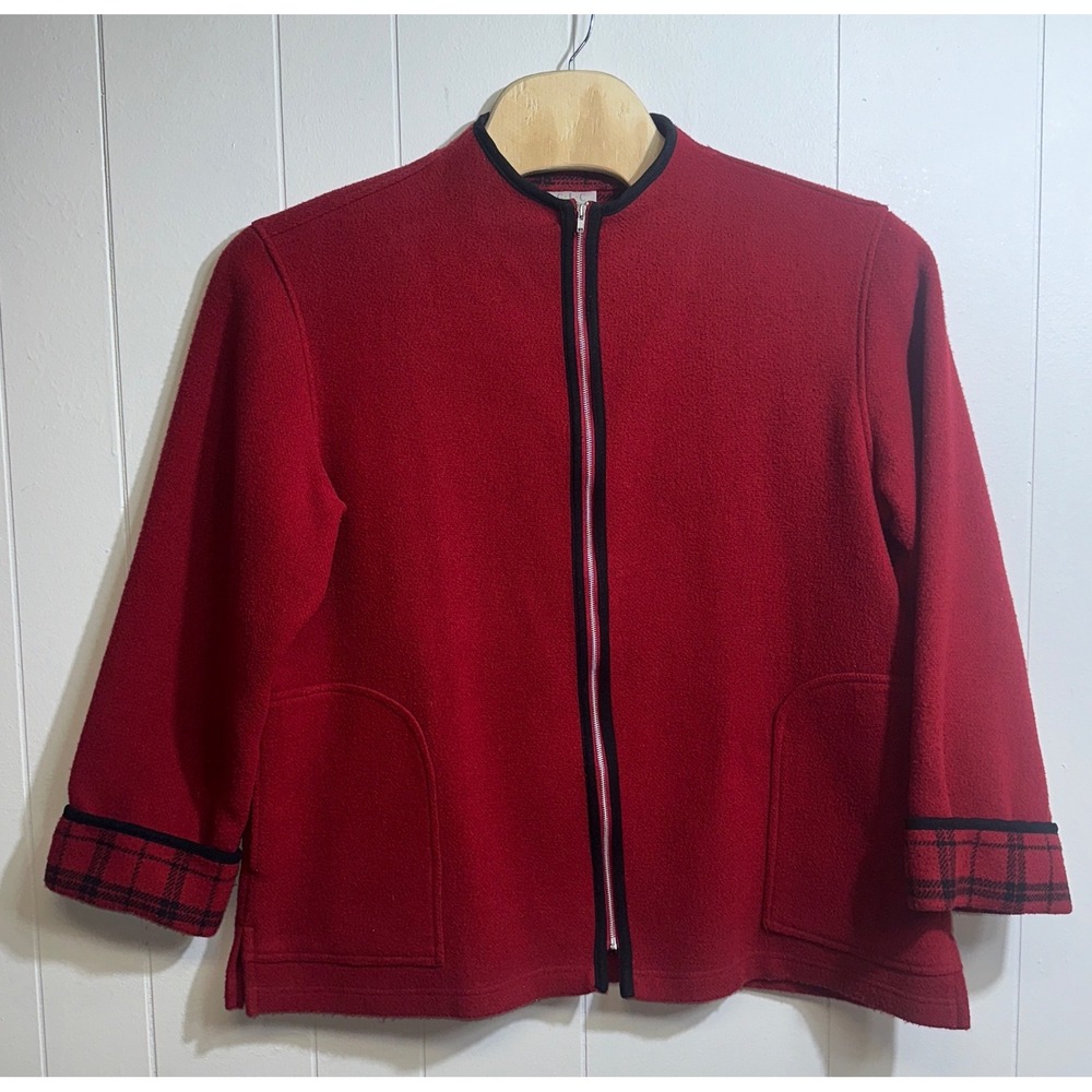 Cricket Lane Collection Womens XL Red Wool Blend Zip Front Plaid‎ Trim Jacket